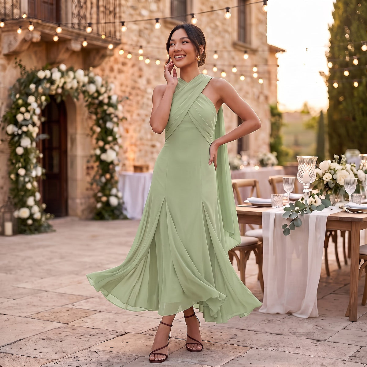 Dames Lange Chiffon Jurk met Open Rug
