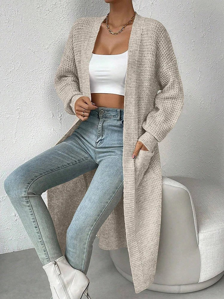 Dames Wafelgebreid Maxi Vest met Zijsplitten