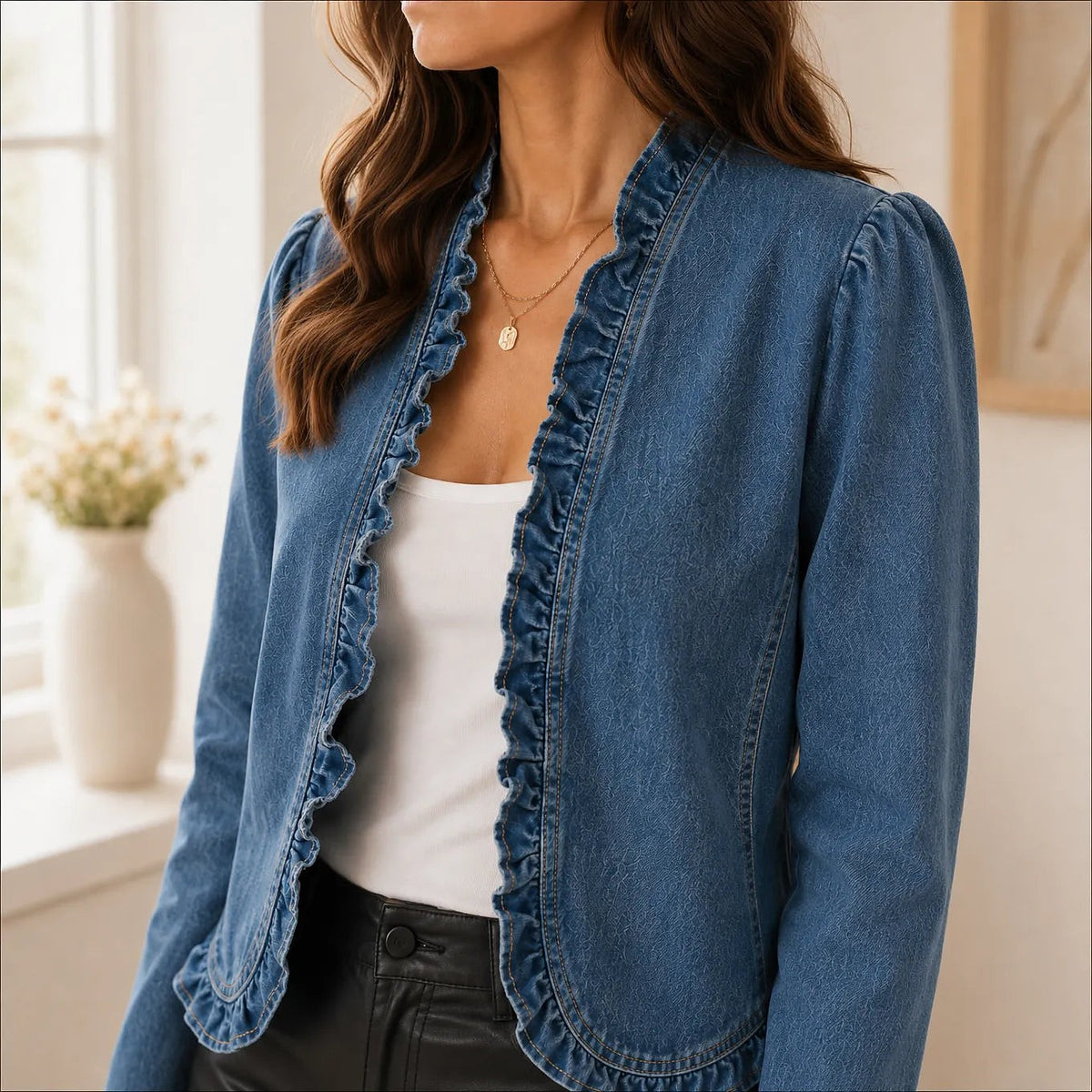 Dames Kort Denim Look Jasje met Ruches