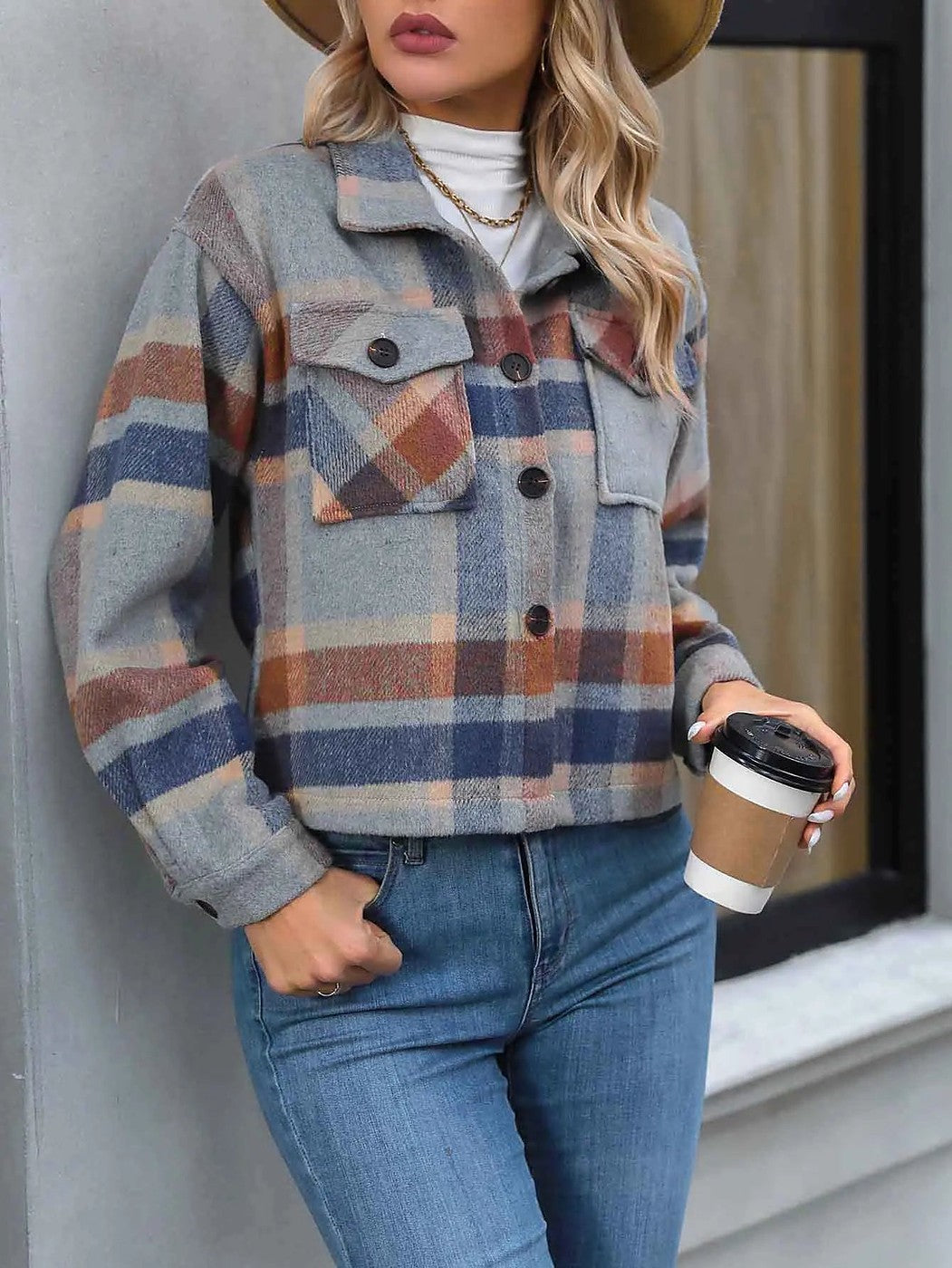 Dames Geruite Blousejas Cropped met Klepzakken