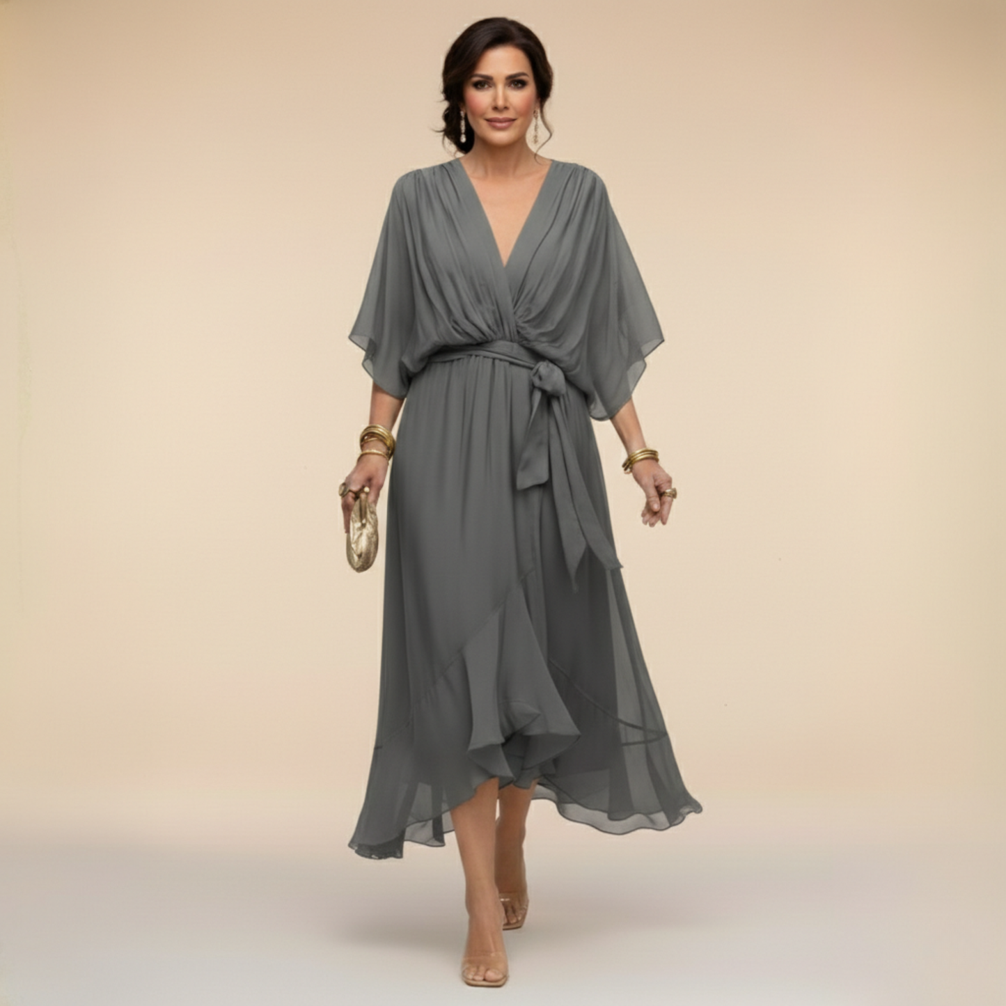 Damesjurk Chiffon met V-hals en Vloeiende Snit Lizzy