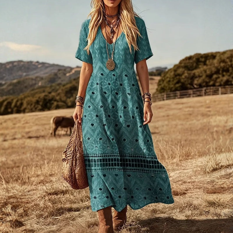 Damesjurk Vintage met V-hals en Kuitlengte Lizzy