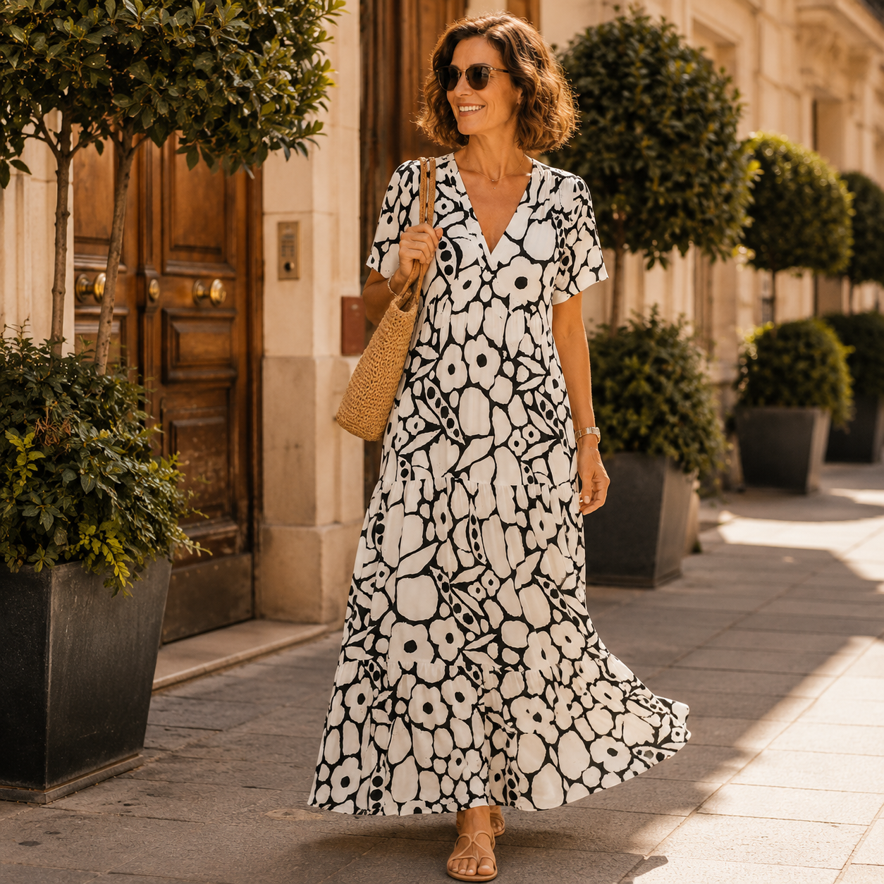 Damesmaxi-jurk met V-hals en Artistieke Print Lizzy