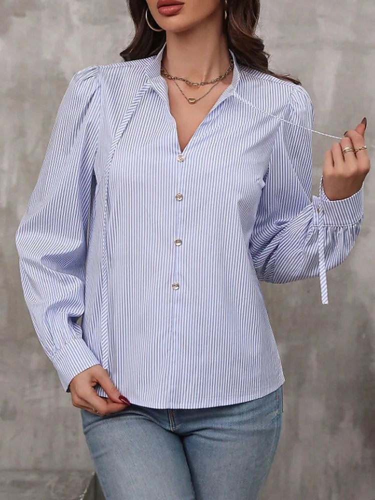 Dames Gestreepte Blouse met Pofmouwen en Strikkraag