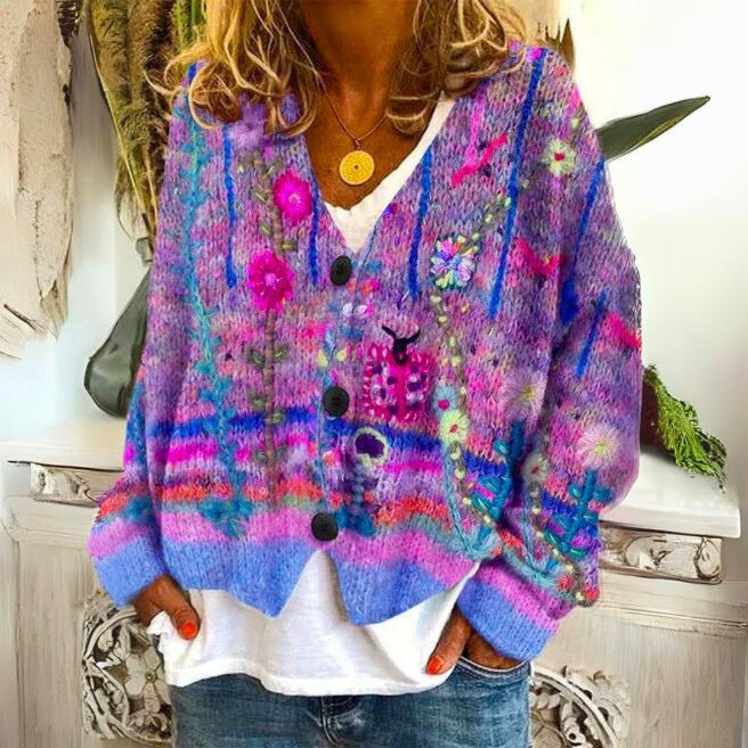 Dames Gebreid Bloemen Vest met Knopen