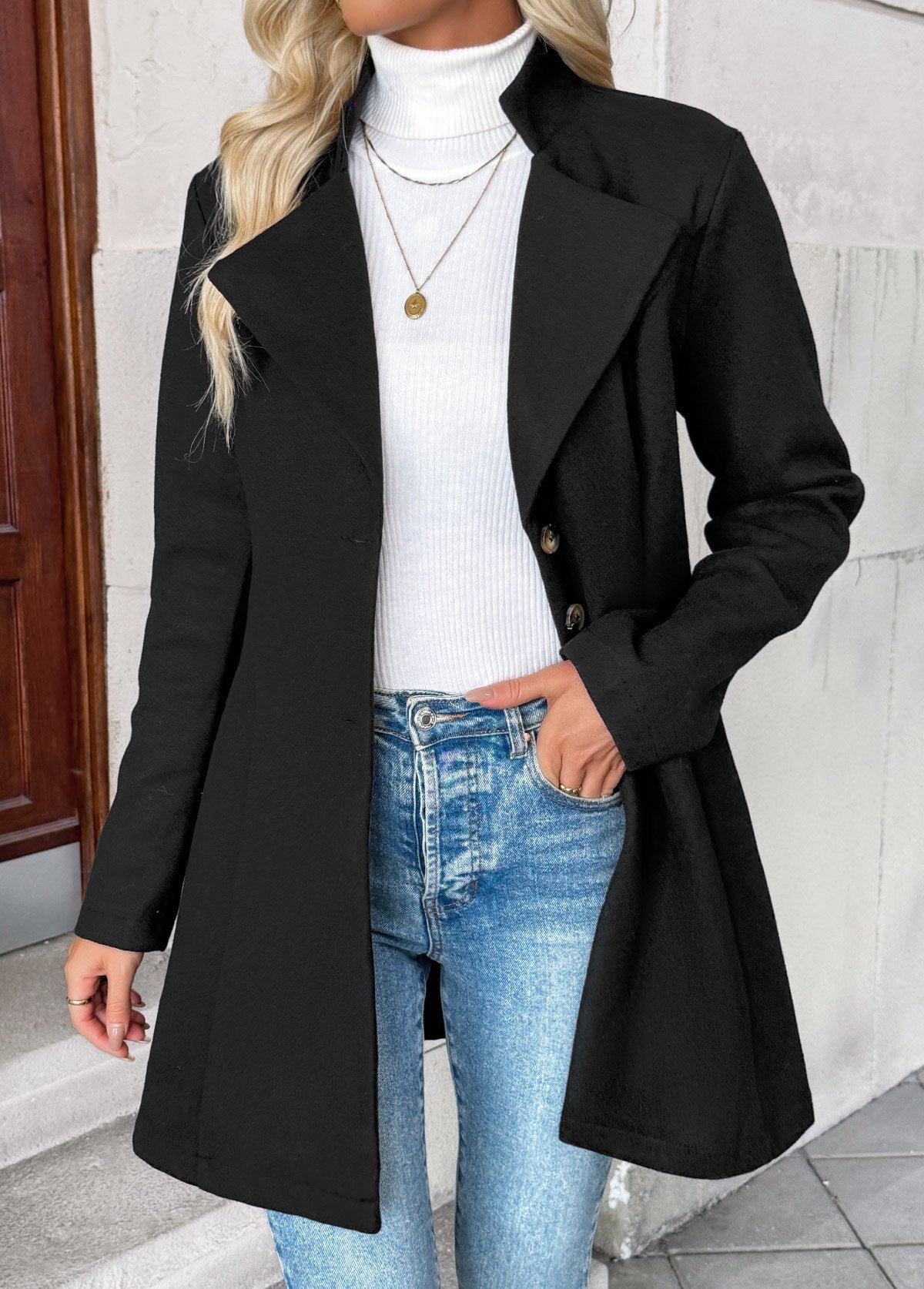 Dames Wollen Look Mantel met Ceintuur