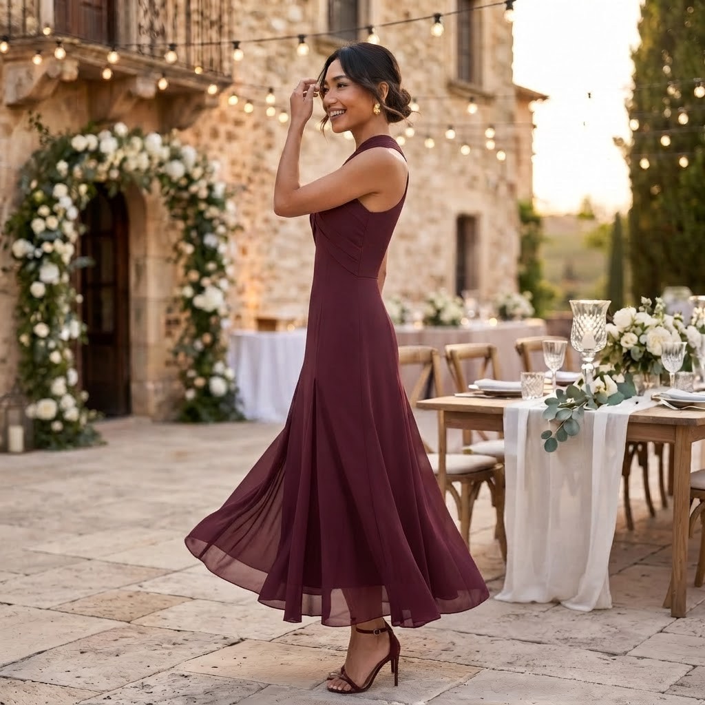 Dames Lange Chiffon Jurk met Open Rug