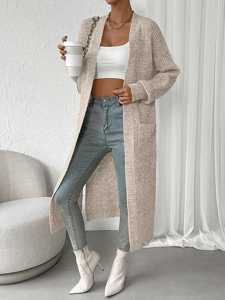 Dames Wafelgebreid Maxi Vest met Zijsplitten