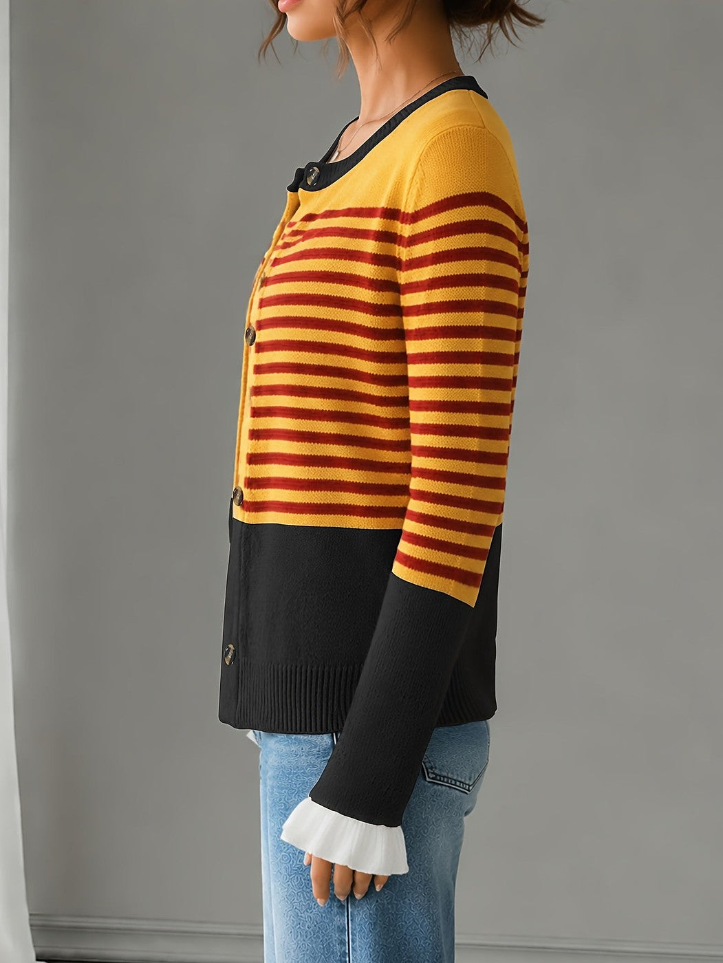 Dames Gestreept Herfstvest met Ruchemouwen