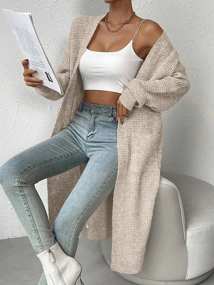 Dames Wafelgebreid Maxi Vest met Zijsplitten