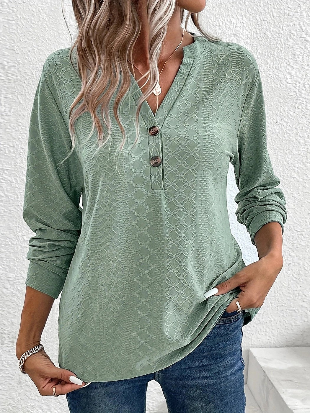 Dames Top met Ruitstructuur en Knoopdetail