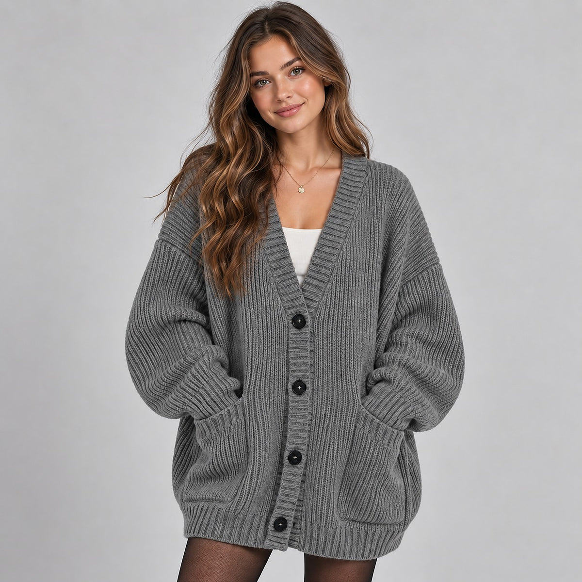 Dames Oversized Grof Gebreid Vest met Knopen