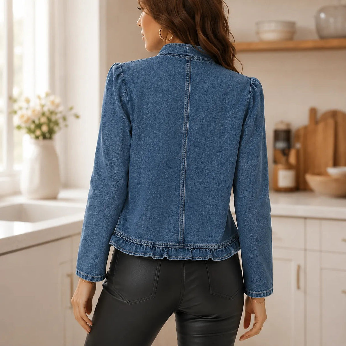 Dames Kort Denim Look Jasje met Ruches