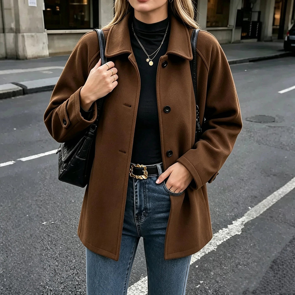 Damesjas Wollen-look Mantel met Revers