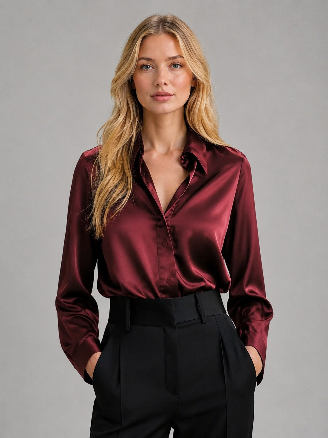 Dames Satijnen Blouse met Lange Mouwen