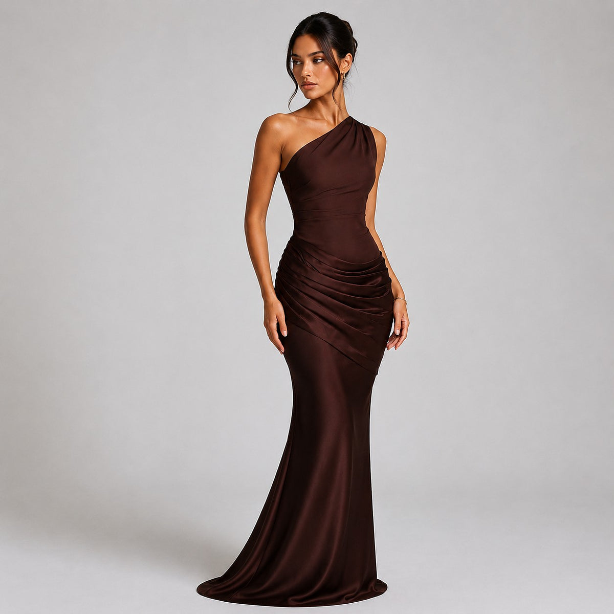 Dames Satijn Look One Shoulder Maxi Jurk