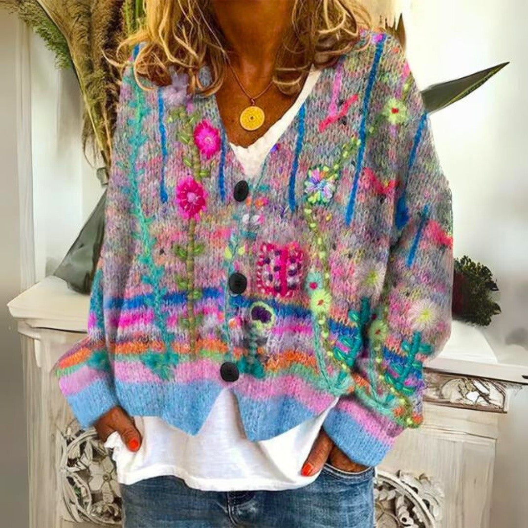 Dames Gebreid Bloemen Vest met Knopen