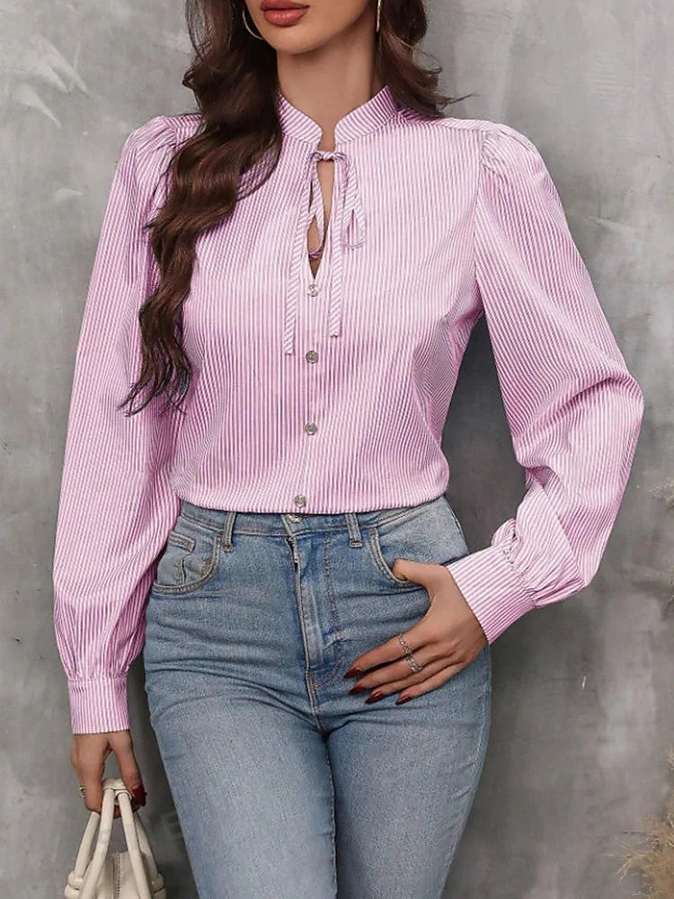 Dames Gestreepte Blouse met Pofmouwen en Strikkraag