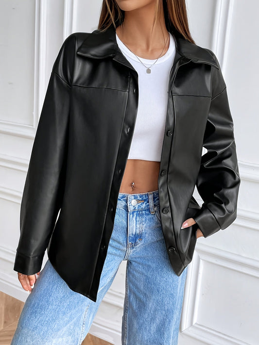 Dames Imitatieleren Overshirt met Knoopsluiting