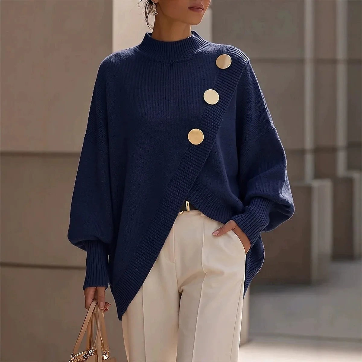 Dames Oversized Trui met Schouderknopen en Ribkraag