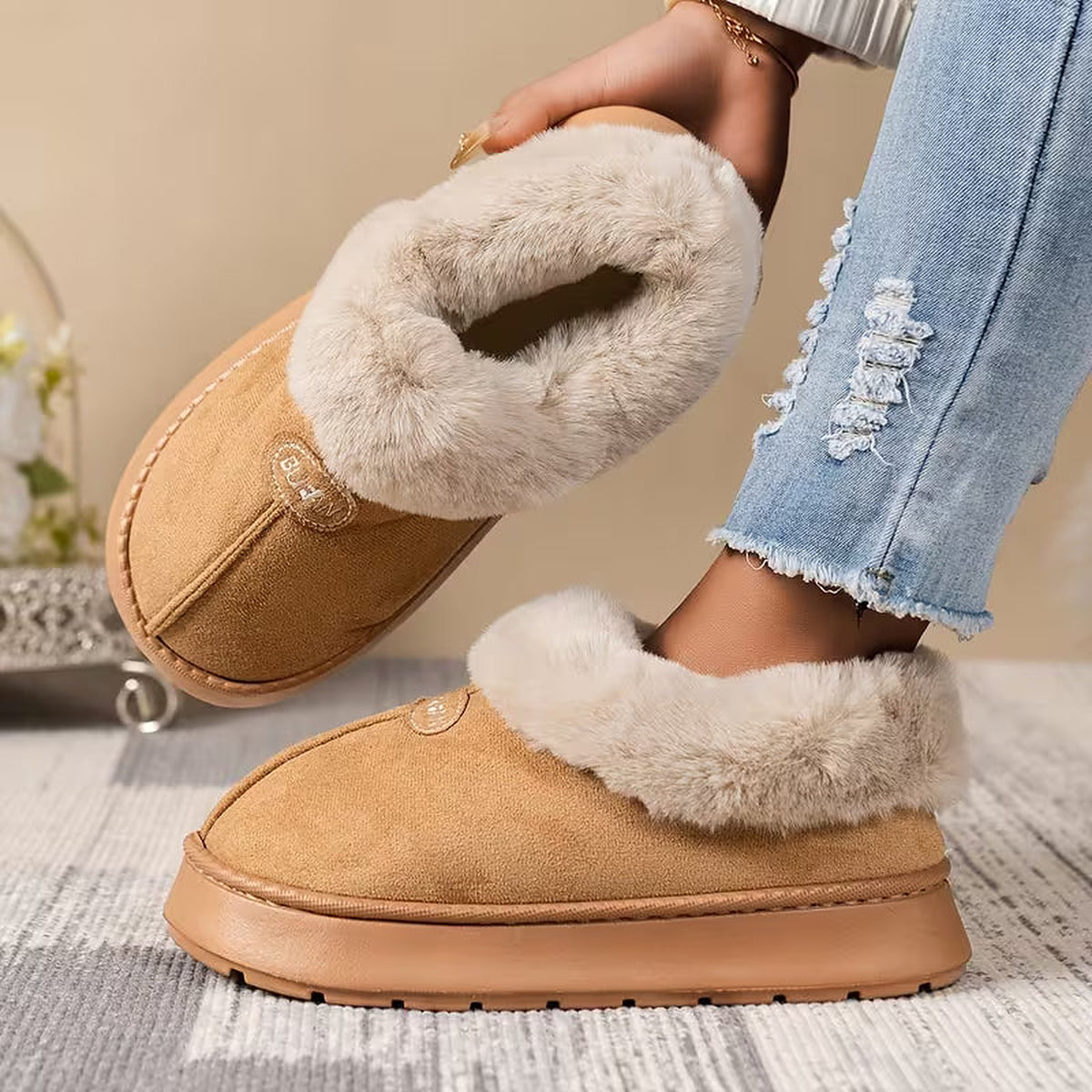 Damespantoffelboots met Imitatiebont en Plateauzool