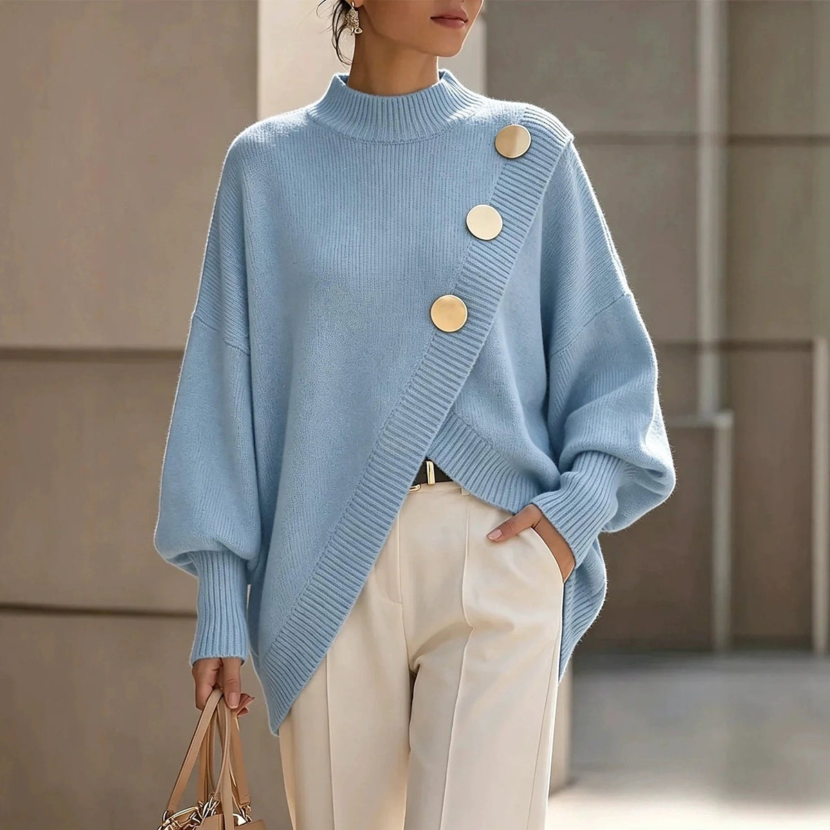 Dames Oversized Trui met Schouderknopen en Ribkraag