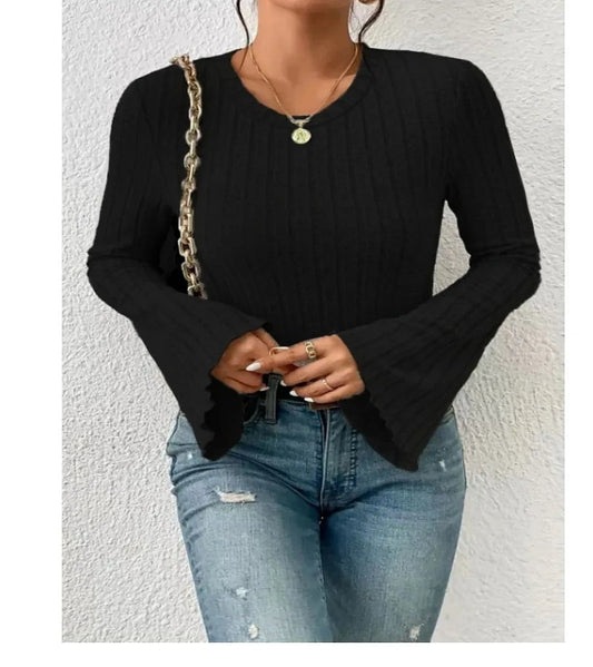 Dames Geribbelde Croptop met Wijduitlopende Mouwen
