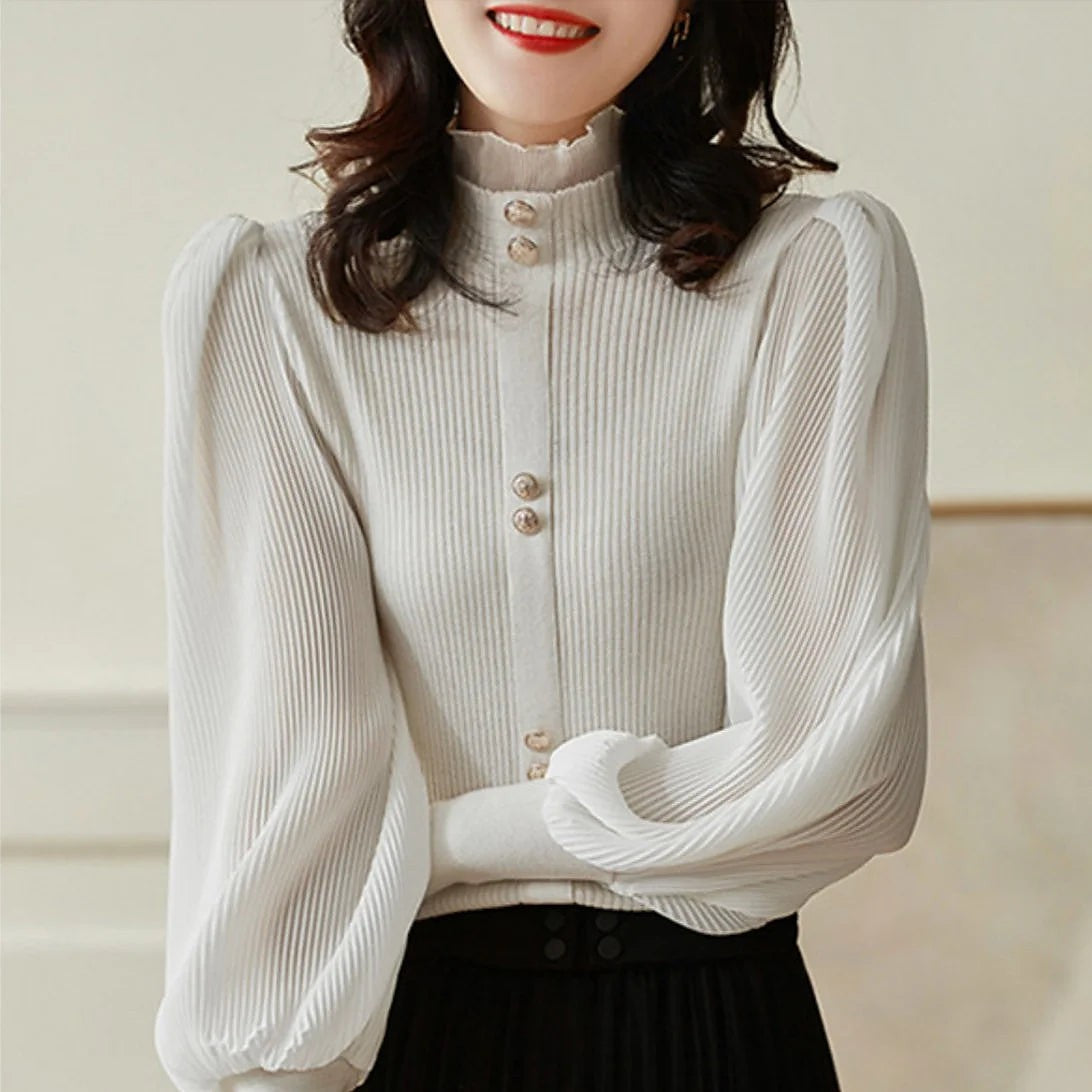 Dames Blouse met Hoge Kraag en Pofmouwen