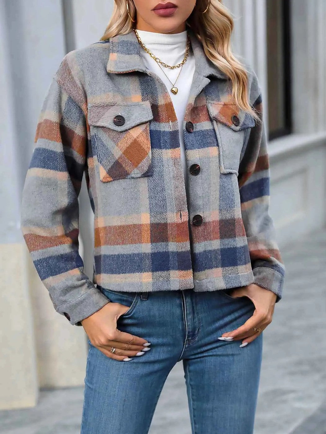 Dames Geruite Blousejas Cropped met Klepzakken