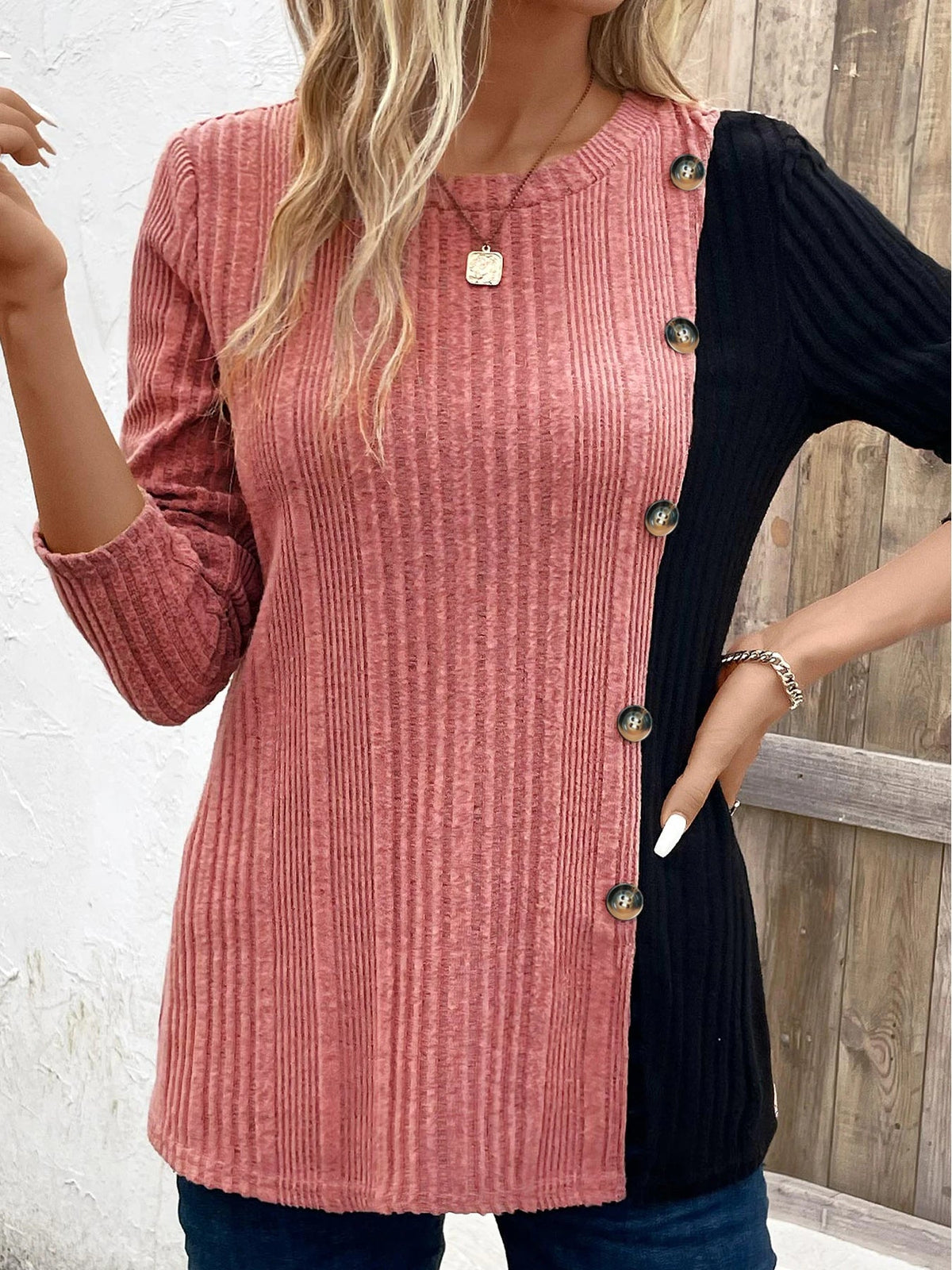 Dames Geribbelde Top met Knoopdetail