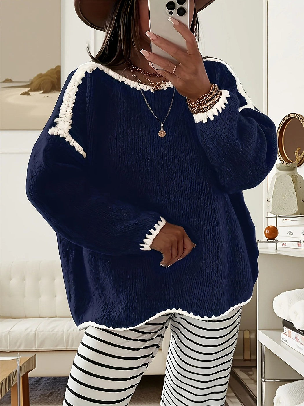 Dames Warme Wintertrui met Contrasterende Randen