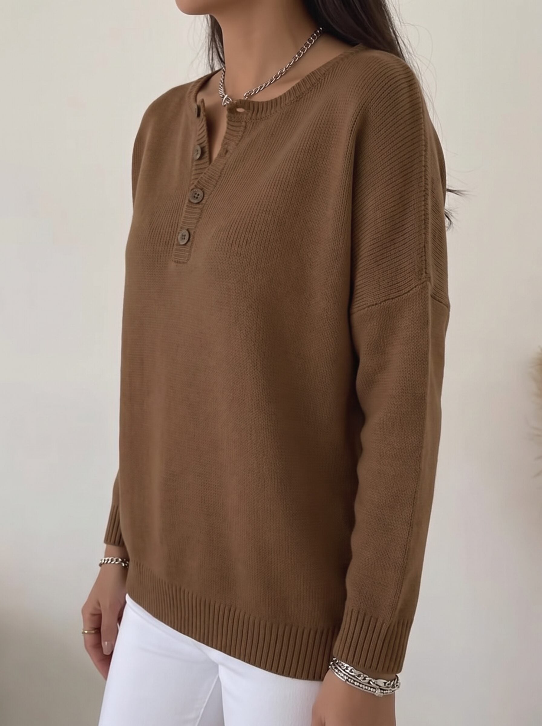Dames Pullover met V-hals en Knoopsluiting