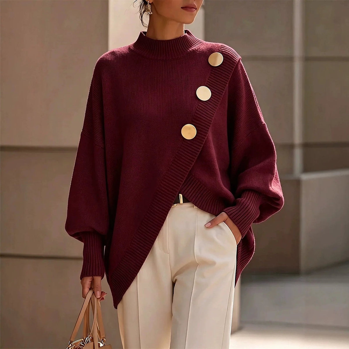 Dames Oversized Trui met Schouderknopen en Ribkraag