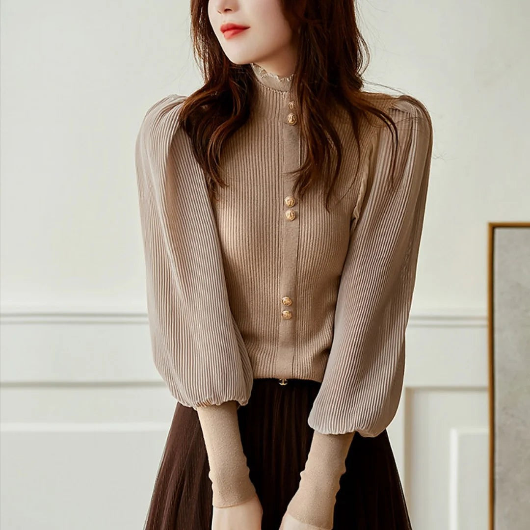 Dames Blouse met Hoge Kraag en Pofmouwen