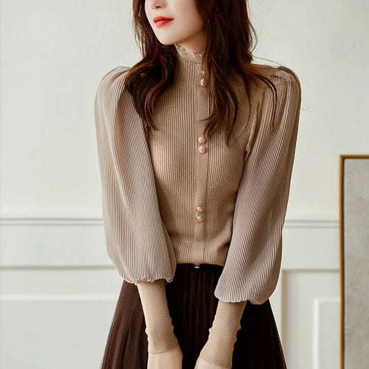 Dames Blouse met Hoge Kraag en Pofmouwen