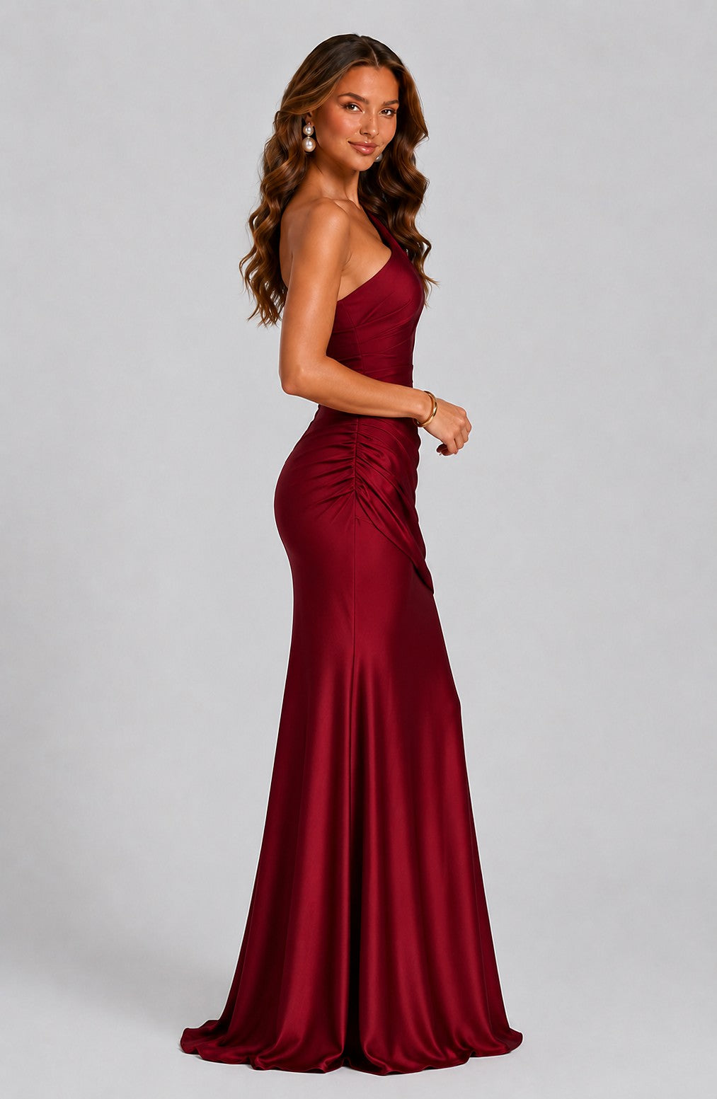 Dames Satijn Look One Shoulder Maxi Jurk
