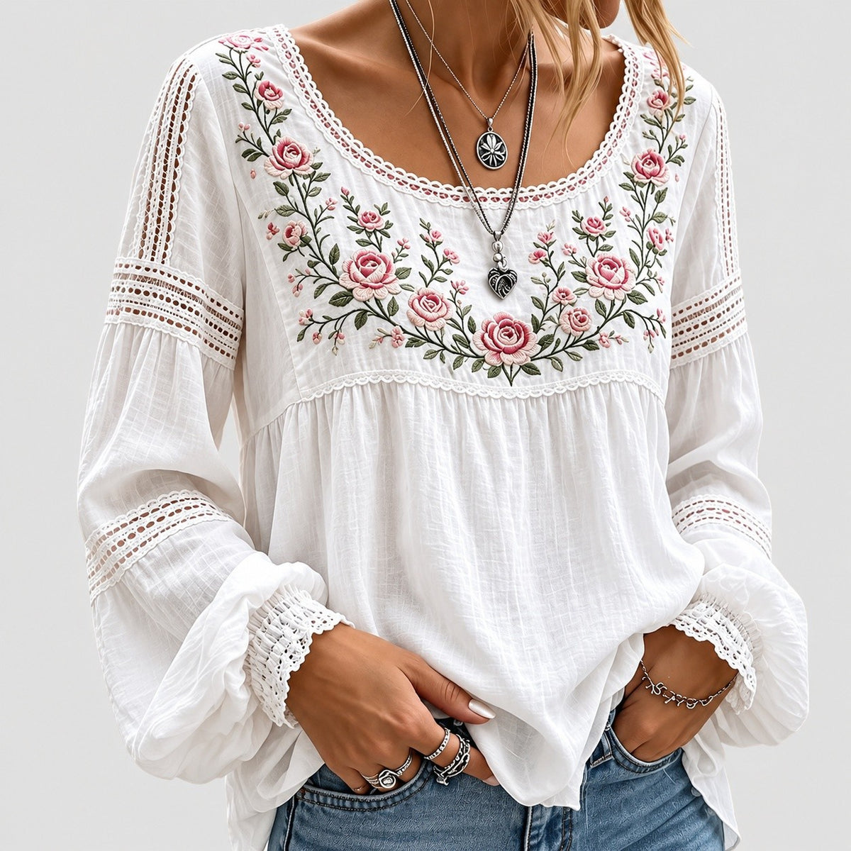 Dames Boho Blouse met Borduurwerk en Kant