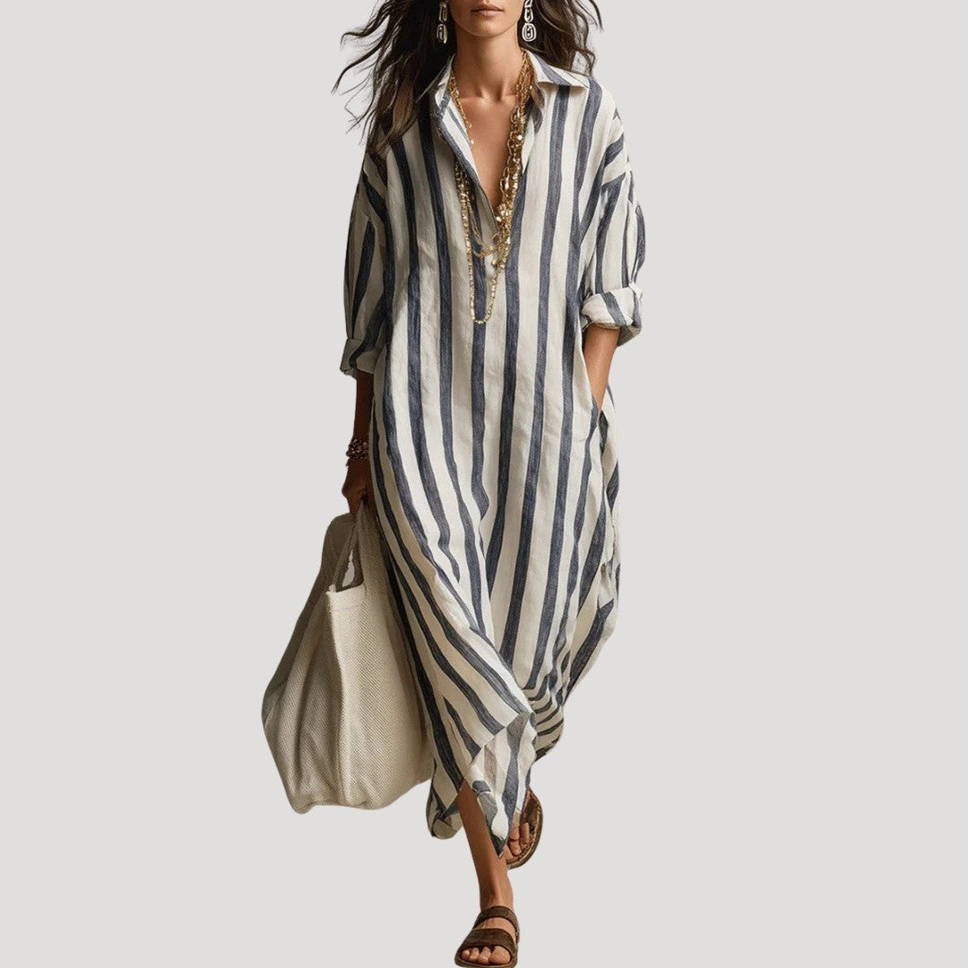 Dames Gestreepte Maxi Blousejurk