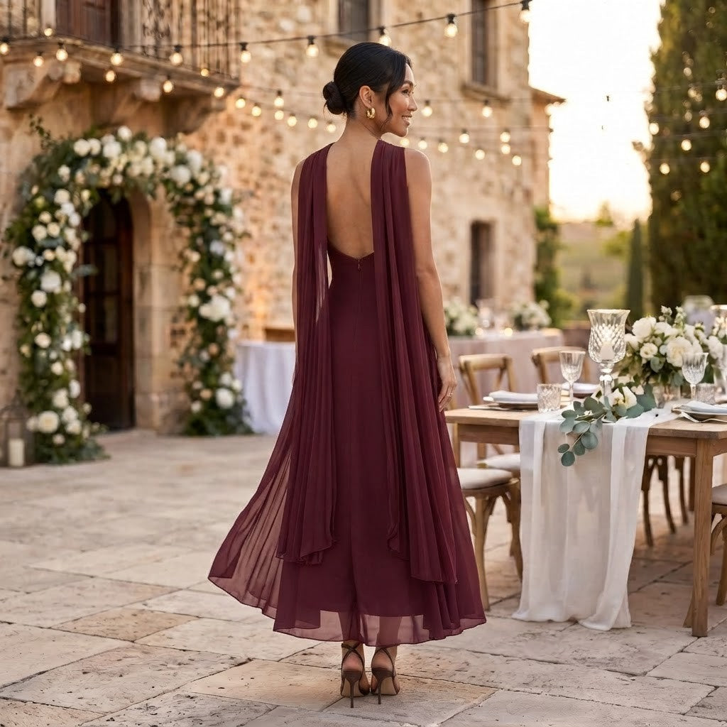 Dames Lange Chiffon Jurk met Open Rug