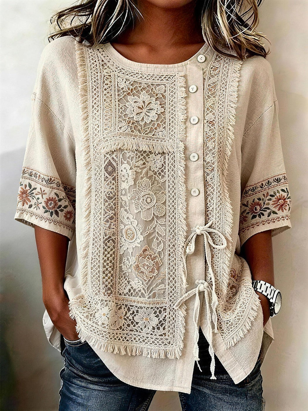 Dames Kanten Blouse met Halve Mouwen