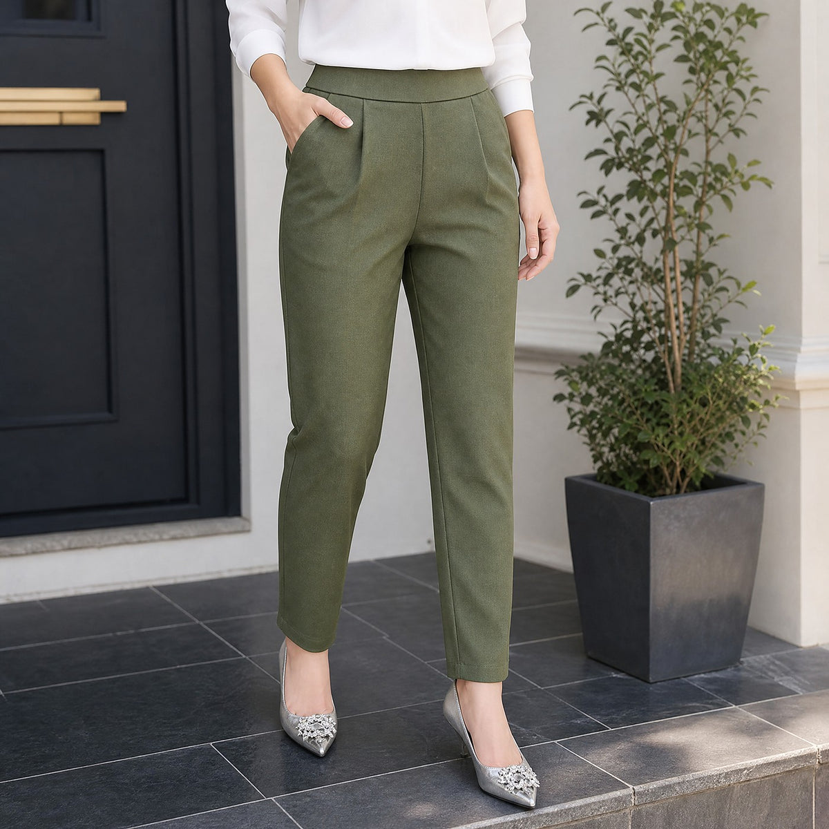 Damespantalon met Hoge Taille en Plooien
