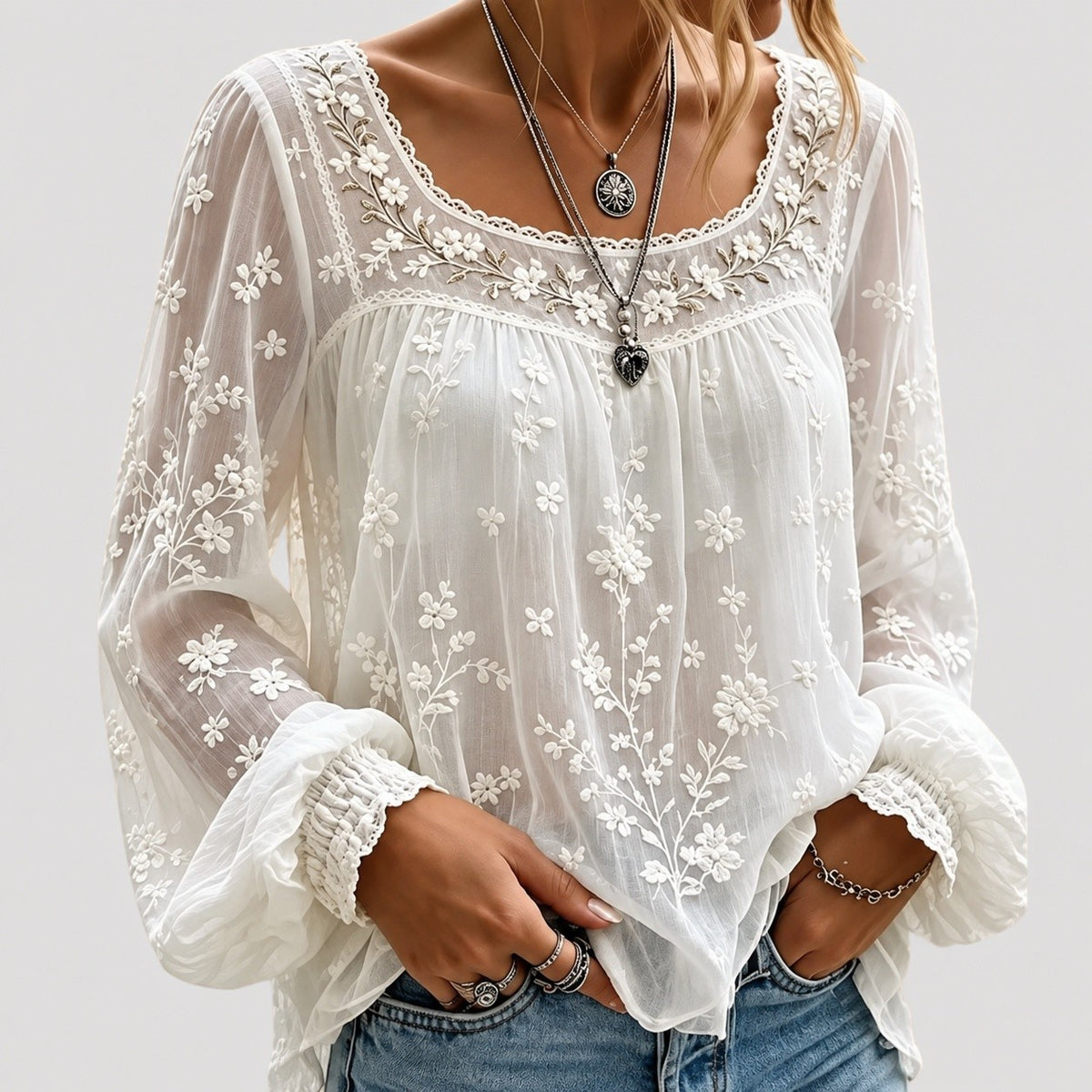 Dames Boho Blouse met Borduurwerk en Kant