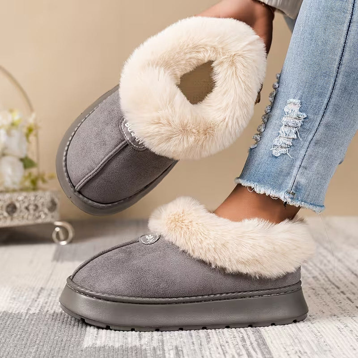Damespantoffelboots met Imitatiebont en Plateauzool