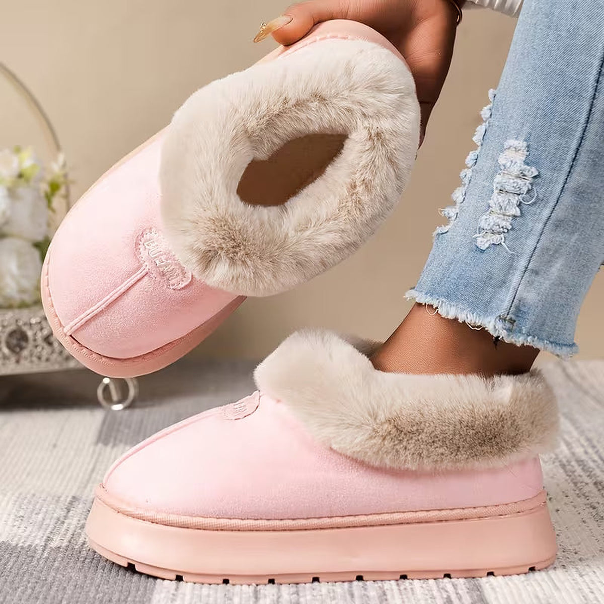 Damespantoffelboots met Imitatiebont en Plateauzool