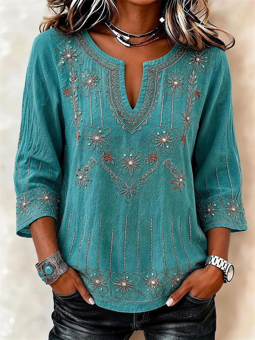 Dames Geborduurde Blouse met Bloemen