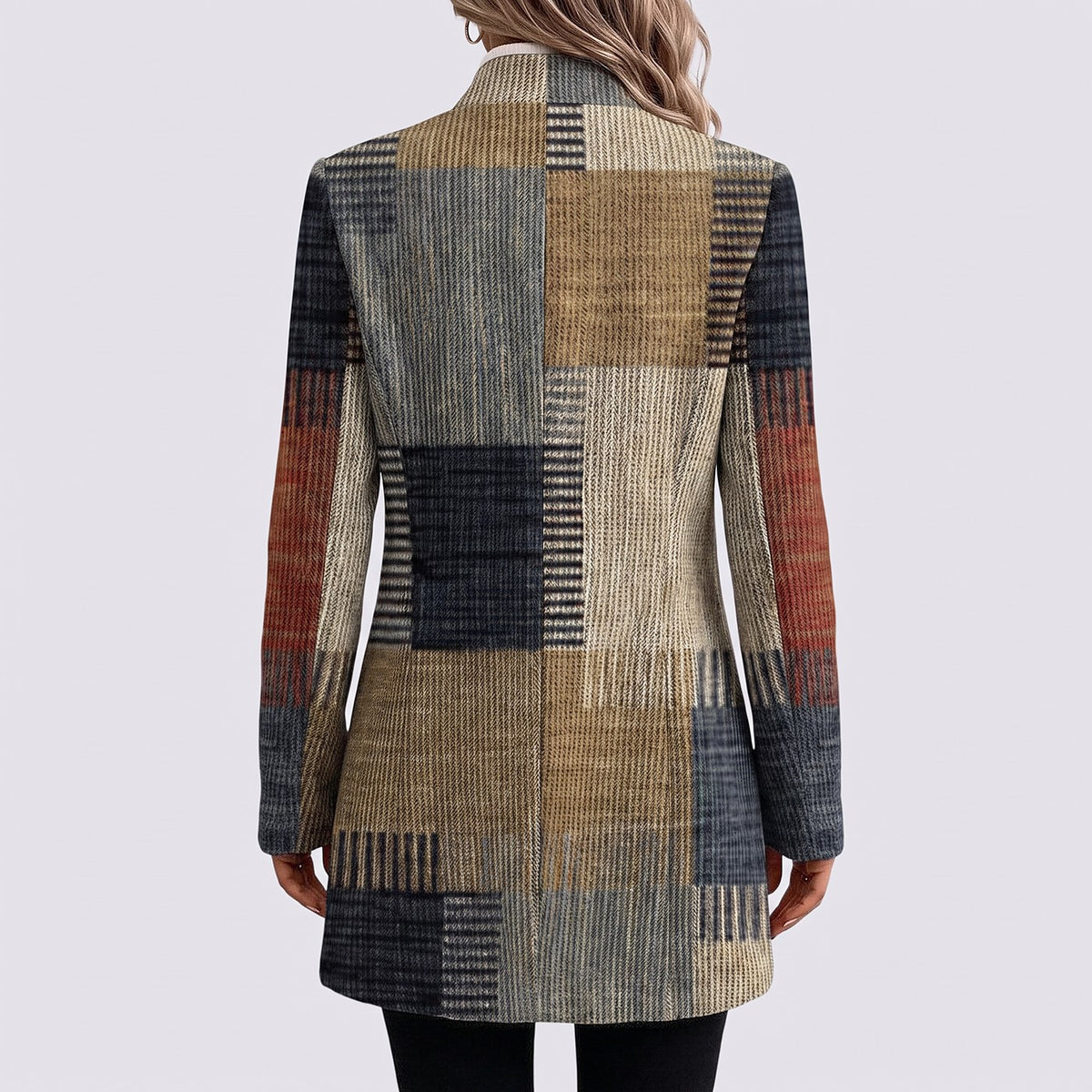 Dames Lange Blazer Geruit met Patchwork