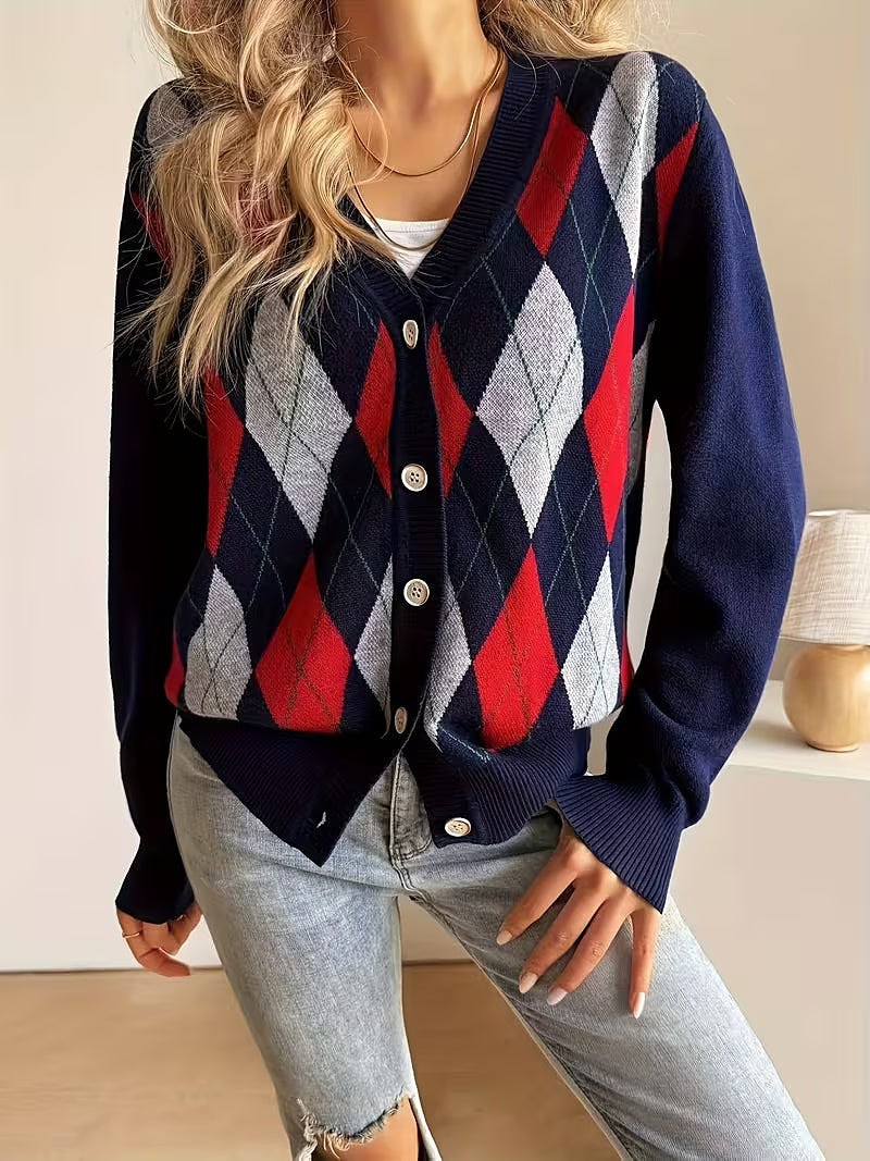 Damesvest met Argyle Ruitpatroon en Knoopsluiting