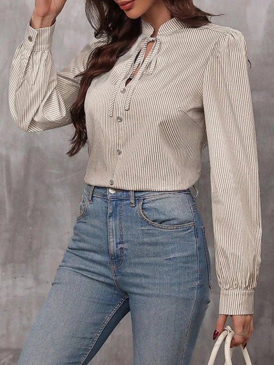 Dames Gestreepte Blouse met Pofmouwen en Strikkraag