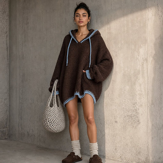 Dames Oversized Gebreide Hoodie Jurk