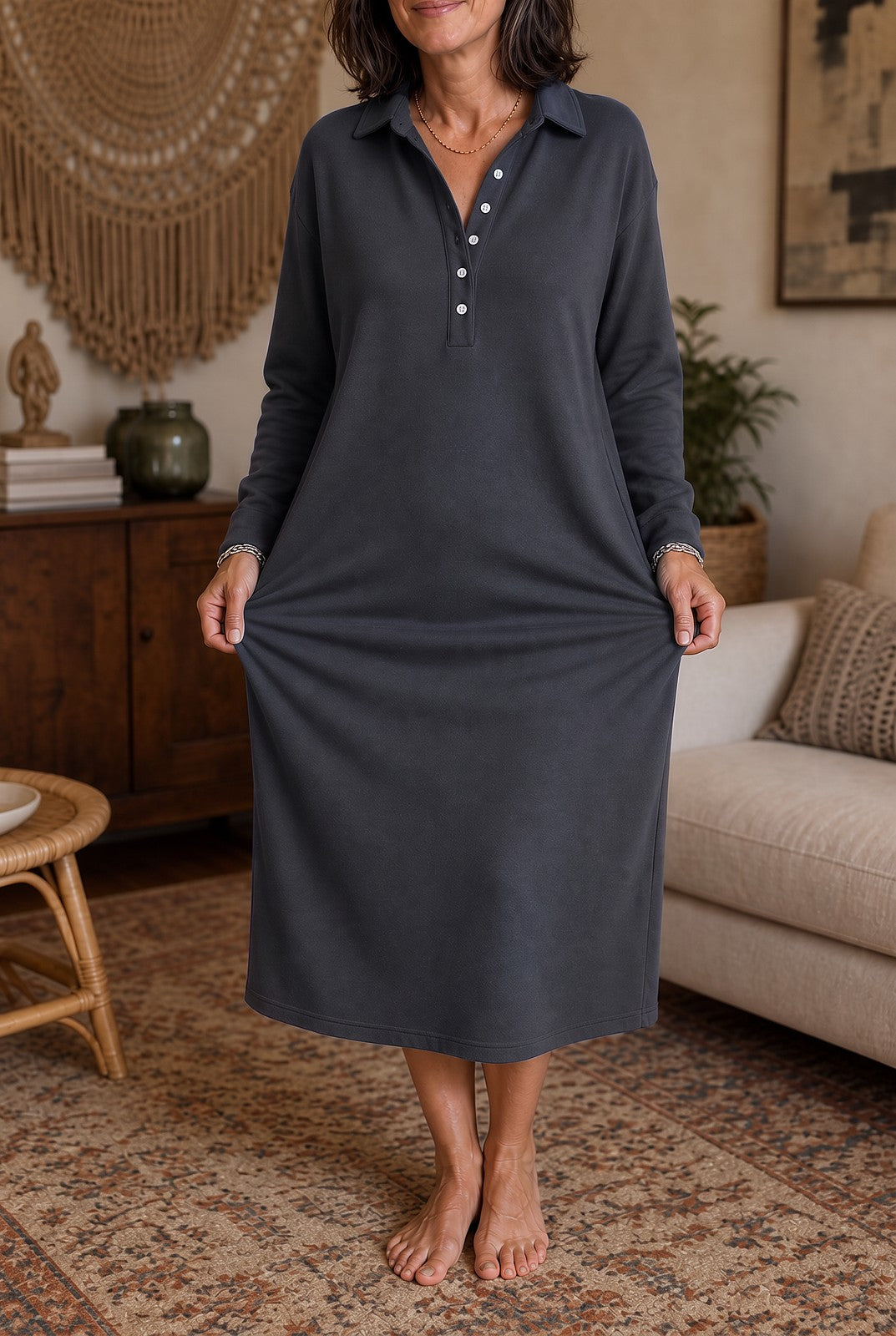 Dames Sweaterjurk met Polokraag en Knopen